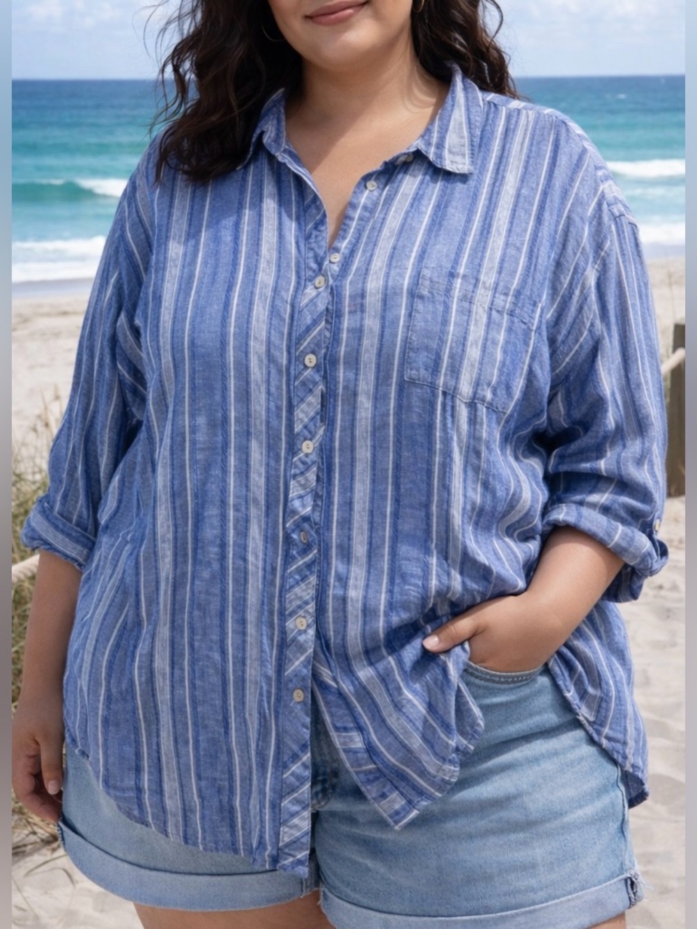 Susan Graver Button Up Blouse Top Sz 3XP Blue Striped Beachy Coastal Linen Blend